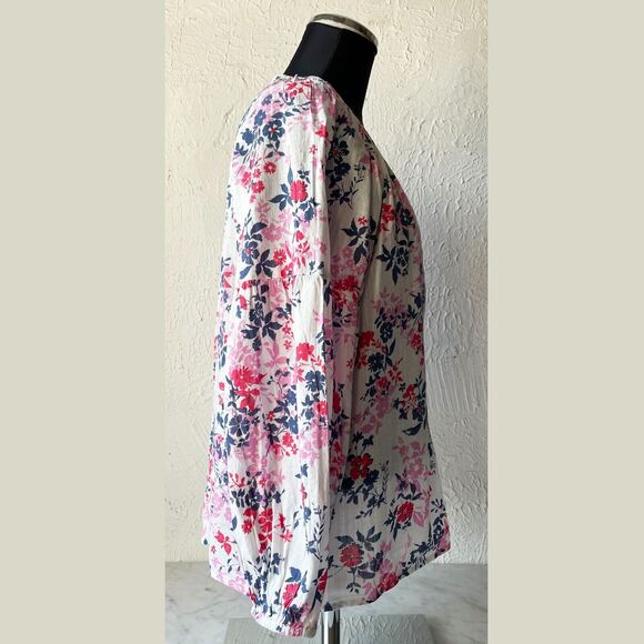Gap Peasant Blouse Floral White Pink Red Blue V-Neck Pullover Top - Women's M - Picture 3 of 7